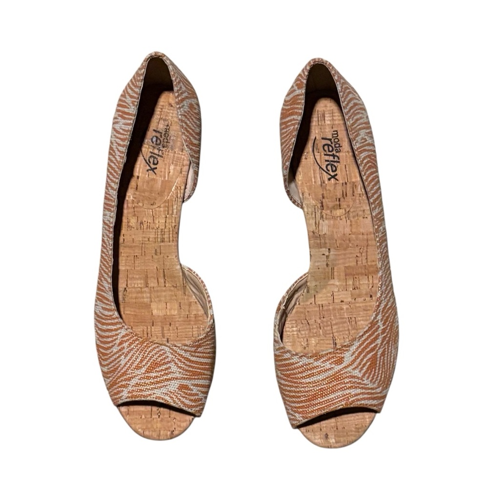 Moda Reflex Orange Cream Gold Metallic Zebra Print Open Toe Cork Wedges Size 9.5